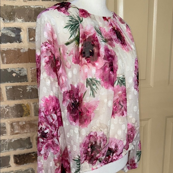 Express Pink Floral Gathered Neck Balloon Sleeve Top Clip Dot Lined Sz Large - Picture 6 of 13